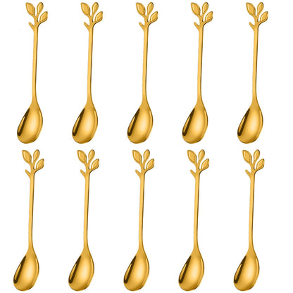 AnSaw Elegant Gold Leaf Coffee Spoons - 10-Piece, 4.7" Mini Stainless Steel Espresso & Dessert Tea Spoons, Perfect for Demitasse & Small Servings