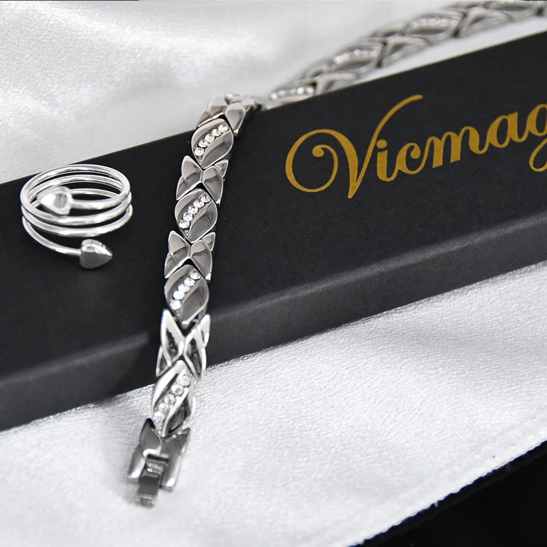 Vicmag Magnetic Bracelets for Women Ladies Titanium Steel Ultra Strength Magnets Bracelet with 3500 Gauss Effective for Women with Gift Box & Removal Tool(Crystal Design for Ladies)(Platinum)