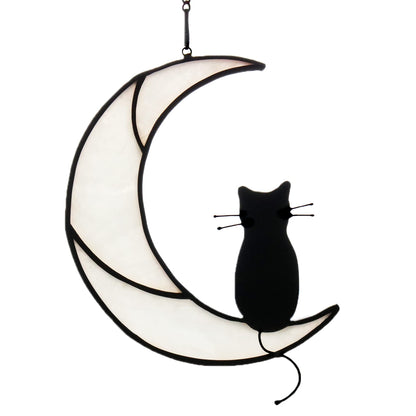 HAOSUM Black Cat On White Moon Stained Glass Window Hangings Ornament,Cat Memorial Gifts, Themed Gifts for Cats Lovers