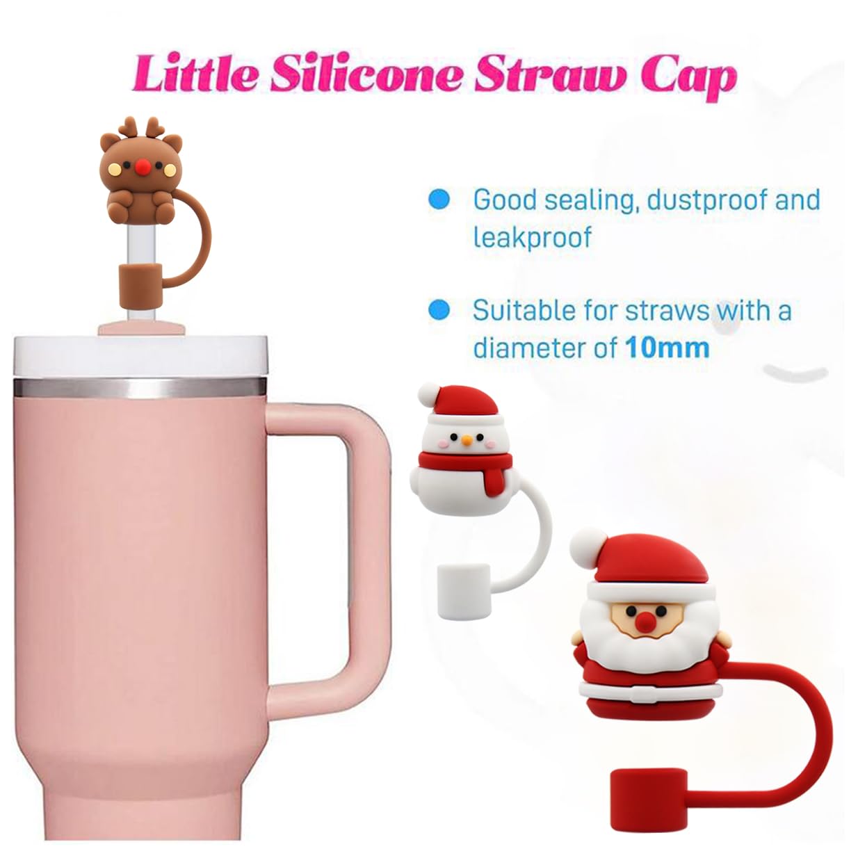 Meitesti Straw Cover Cap for Stanley Cup,Straw Topper Compatible for 30&40 Oz Tumbler with Handle,10mm 0.4in Dust-Proof Reusable Straw Tips Lids,Straw Tip Covers for Christmas Gifts, MEITESTI-09012