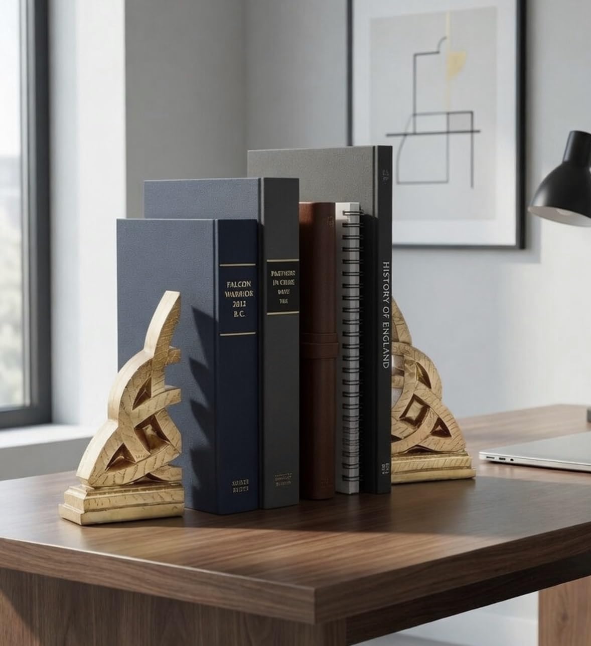 Bellaa 21787 Decorative Bookends Golden Celtic Knot Triquetra Irish Theme Mystical Design Endless Celts Symbol 8 Inch Polyresin