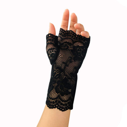 monochef Women Short Lace Gloves Sunblock Fingerless Bridal Wrist Floral Opera Evening Party Wedding Tea Prom Cosplay 1920s for Ladies and Girls, Black (Black)