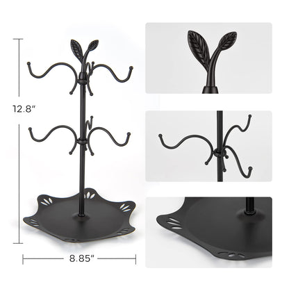 Coffee Mug Holder for Large Mugs, Mug Tree for Counter, Cup Holder for Countertop, Mug Rack with Tray, Metal Mug Tree with 6 Hooks, Coffee Counter Bar Accessory & Kitchen Home Organizer