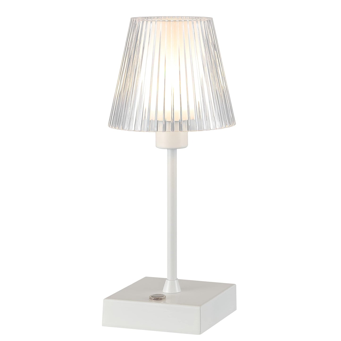 JONATHAN Y 12.5" White Cordless Portable Rechargeable LED Lamp, with Clear Ribbed Acrylic Shade, Touch Dimmable Modern Industrial Mini Accent Lamp for Bar Vanity (JYL7225B)