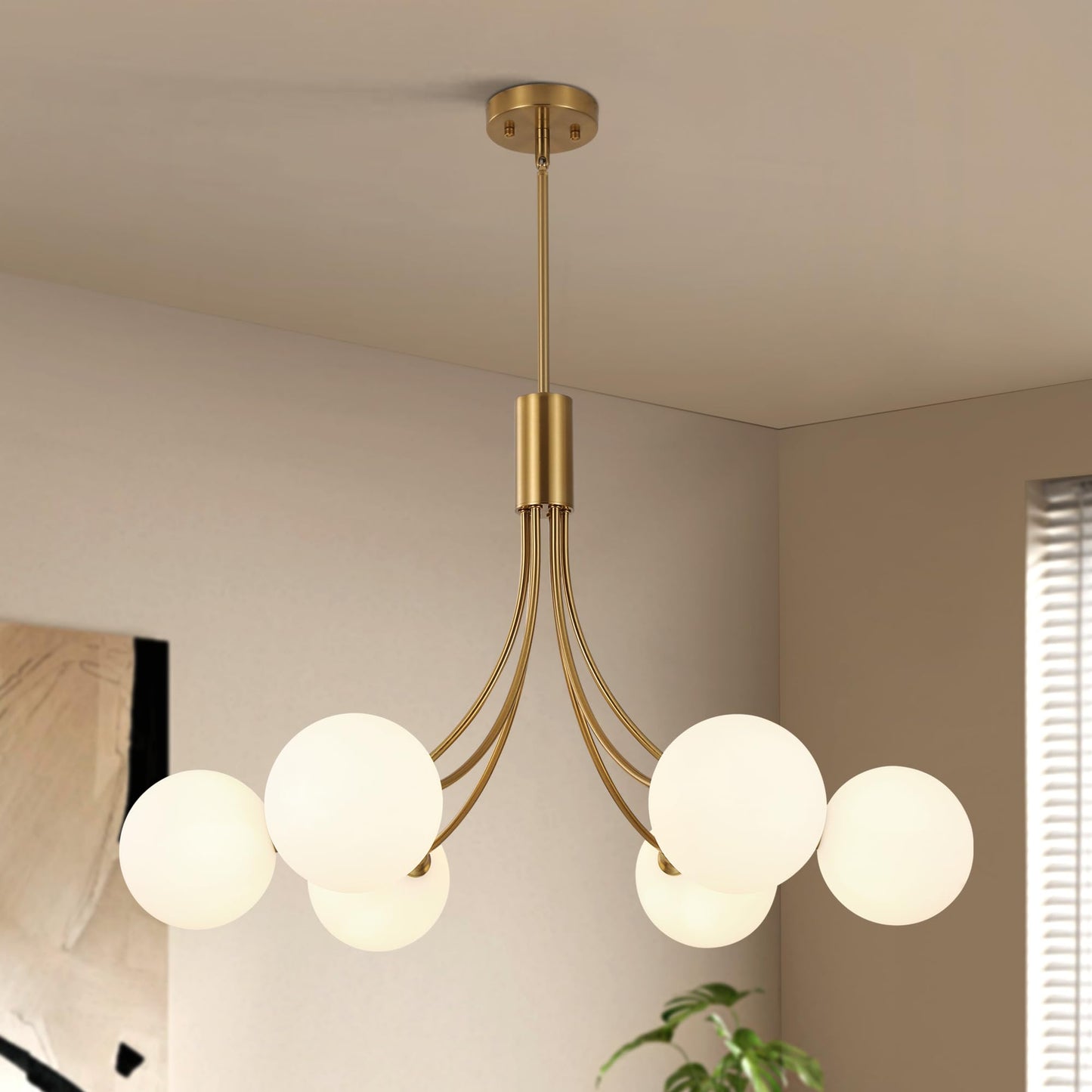 CNRATYE 6-Light Modern Farmhouse Gold Chandeliers for Dining Room Light Fixture, Mid Century Hanging Sputnik Chandelier for Living Room Kitchen Island Bedroom Foyer, Milk White Globe Glass Shade