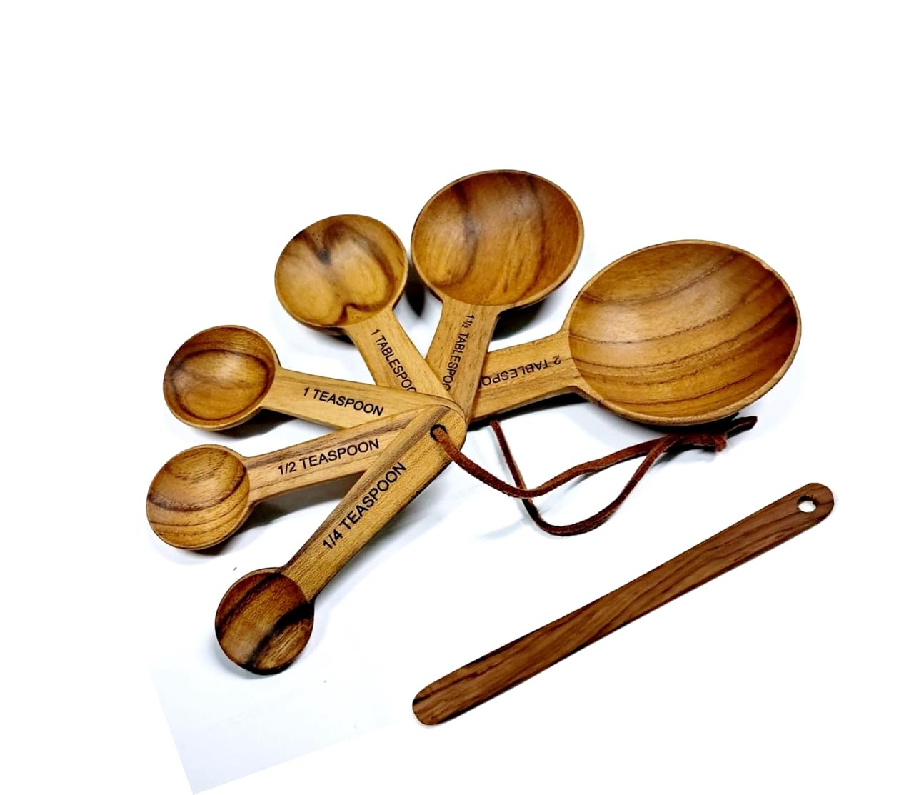 Dolphin Shop - Genuine teak wood measuring spoon set, 6-piece handmade for tea, coffee, sugar, salt, seasonings, and baking