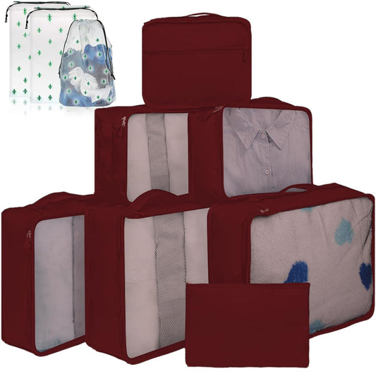10 Packing Cubes for Suitcases – Luggage Organiser in Various Sizes – Mesh Travel Packing Cube Set in Assorted Colours (10 Dark Red Mixed Sizes)