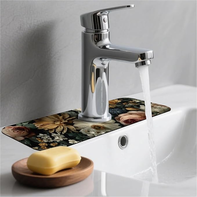 Kitchen Sink Splash Guard，Dark-floral Faucet Mat Sink Gadgets-Super Absorbent