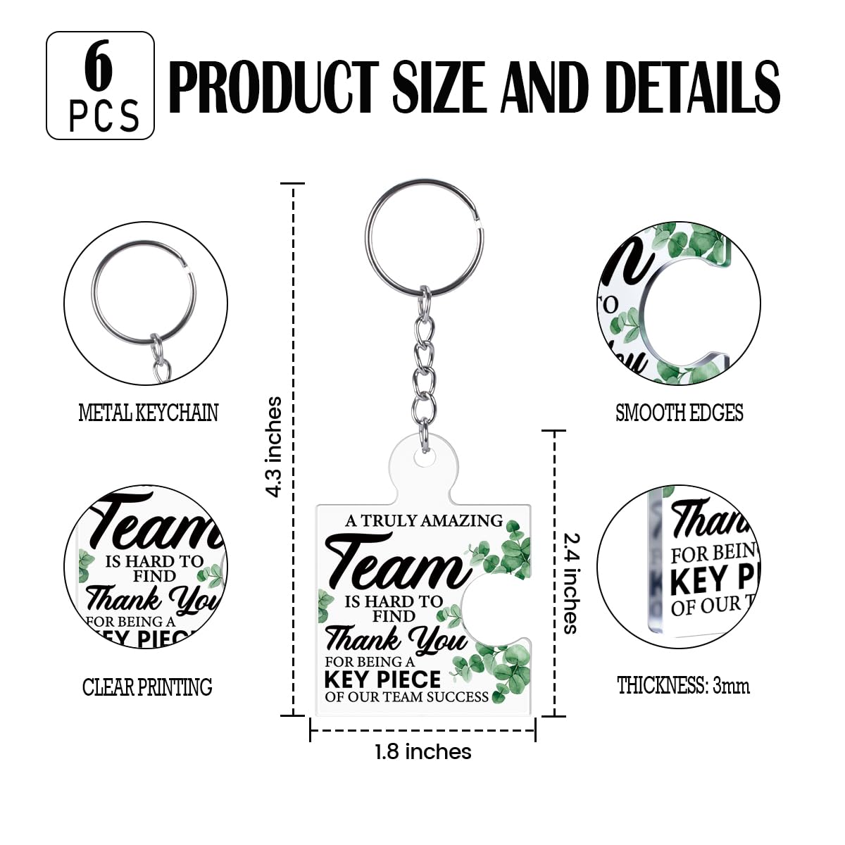 DRMNPKT Set of 6 Team Thank You Appreciation Gifts Bulk for Coworkers Employees Staff Teachers Colleagues Coach, Best Team Ever Gifts Inspirational Teamwork Acrylic Puzzle Piece Keychains, Multicolor