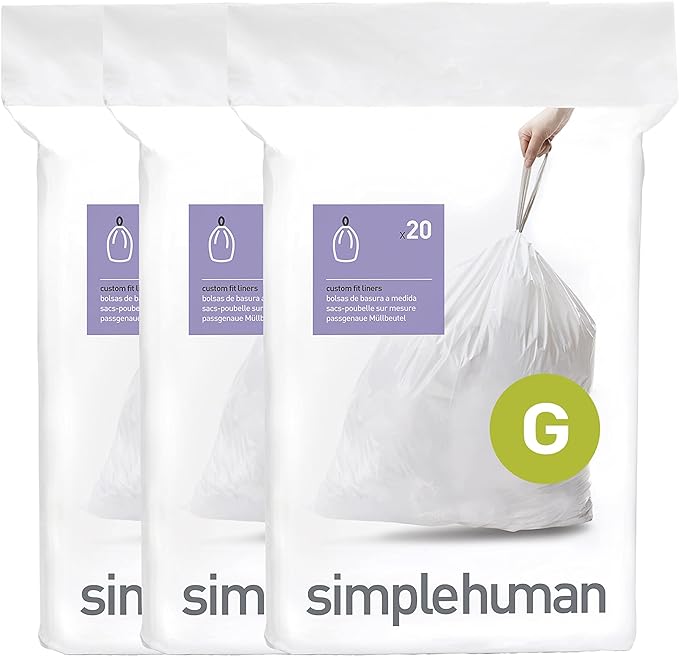 simplehuman Code G 60 Count, Dispenser Pack Custom Fit Liners, Drawstring Trash