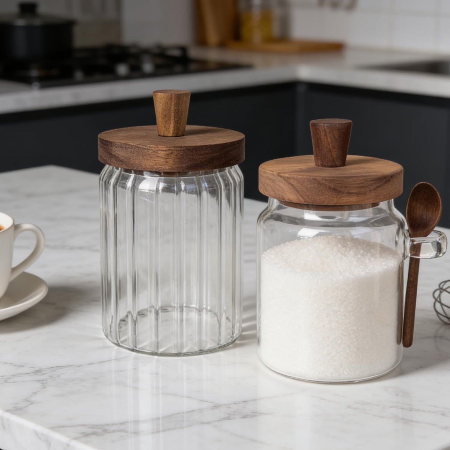 BUITLU Sugar Bowl with Lid and Spoon,20 oz Sugar Container for Coffee Bar, Glass Coffee Canister, Airtight Food Storage Jar, Brown Sugar Container, Cereal Tea Salts Spice Jar（Stripe）