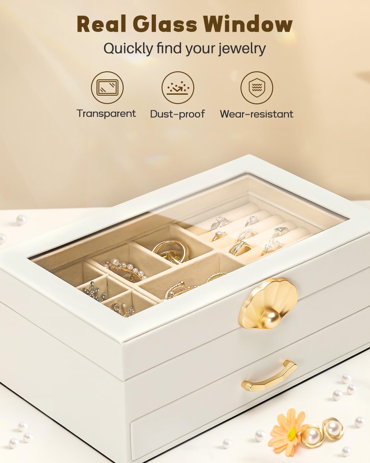 Enthralite Jewelry Box with 1 Drawers: Display Organizer for Earrings Necklaces - Christmas Gifts for Girls Women (White)