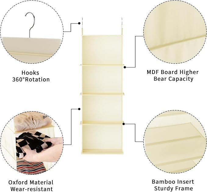YOUDENOVA Hanging Closet Organizer, 4-Shelf Closet Hanging Shelves