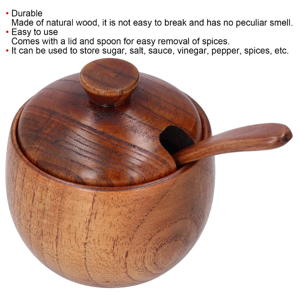 Anu Limen Wooden Sugar Bowl with Lid and Spoon - Spice Jar for Kitchen Pantry, Salt and Peppers Container, Rustic Brown Condiment Dispenser 3.5x3.3 in
