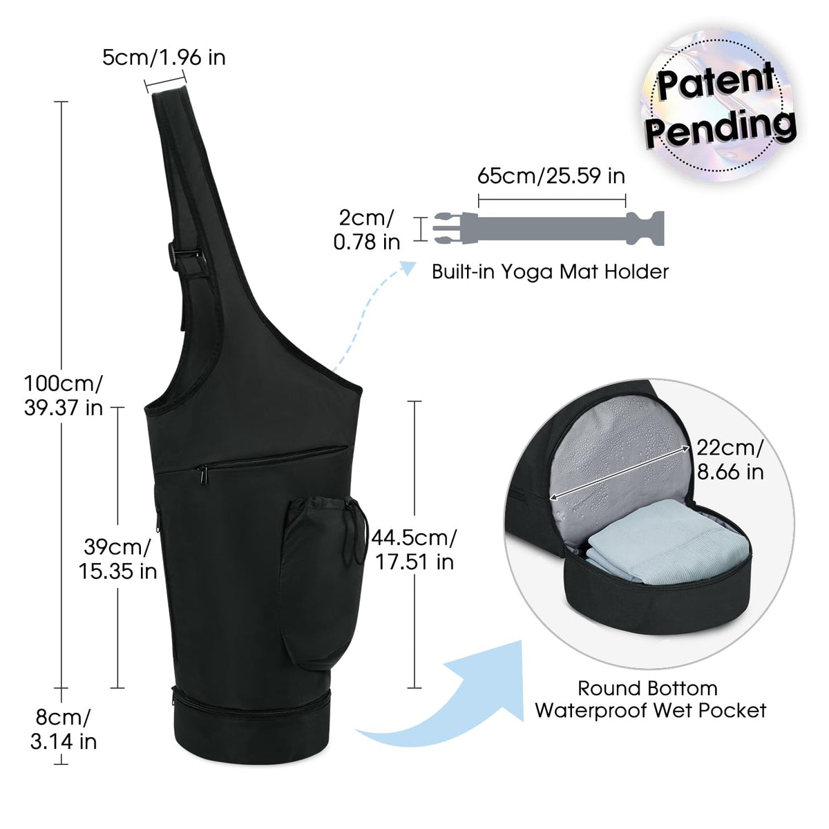 sportsnew Yoga Mat Bag, Opening Large Yoga Mat Carrier Bag with Zipper Pocket and Bottom Wet Pocket, Exercise Yoga Mat Carrier Holder Multi-Functional Storage Bag, Black, patent pending