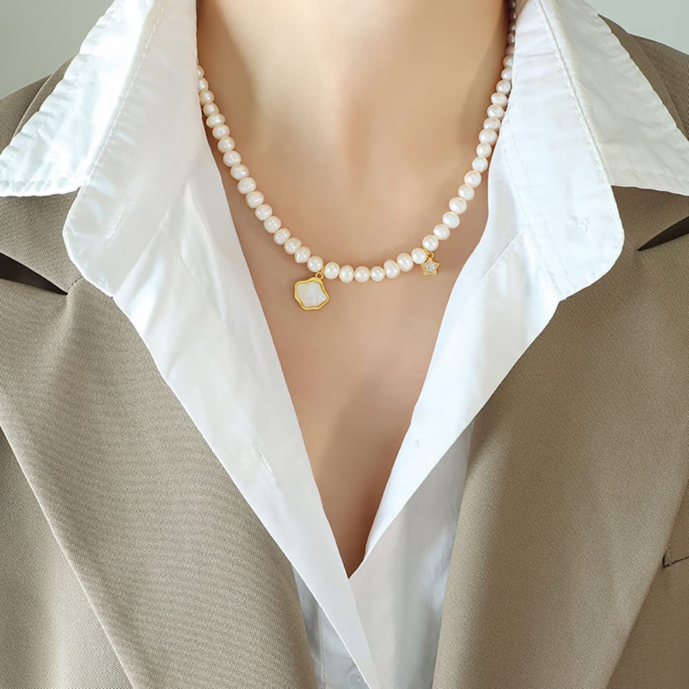 14K Gold Beaded Pearl Choker Necklace for Women,Freshwater Cultured Pearl Shell Shape Pendant Necklaces,Fashion Jewelry Gift for Her (Style 3, 14K Gold)