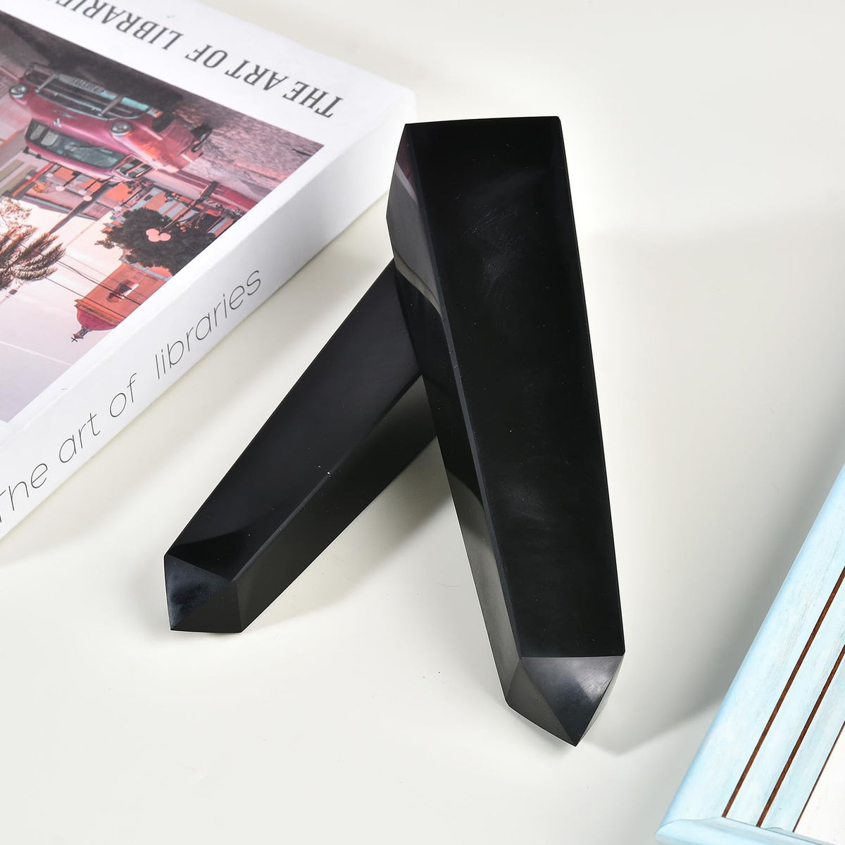 JIC Gem Black Obsidian Large Healing Crystals Wand 4 Faceted Crystal Point Obelisk Gemstone Natural Reiki Energy Stone for Meditation Crystal Grid Decoration 1.1-1.7 Lbs