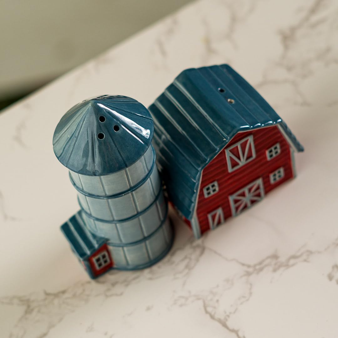Pacific Giftware Ceramic Country Style Barn and Silo Salt and Pepper Shakers Set Farmhouse Kitchen Table Decor Rustic Red Barn Design Collectible Novelty Gift 2.2"H