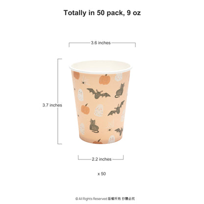 Cheerland Halloween Party Cups Pumpkin Disposable Paper Cups for Kid Spooky Ghost Birthday Party Cup Pink Halloween with Pastel Bat Cat Print Kids Birthday Summerween Supplies Pack of 50