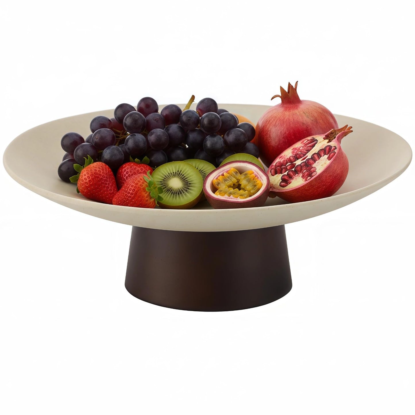 COSYOO Modern Ceramic Pedestal Fruit Bowl, High-Fired Stoneware Shallow Serving Bowl with Wooden Base, Elevated Decorative Fruit Tray for Kitchen Counter Entryway Table Dining Centerpiece