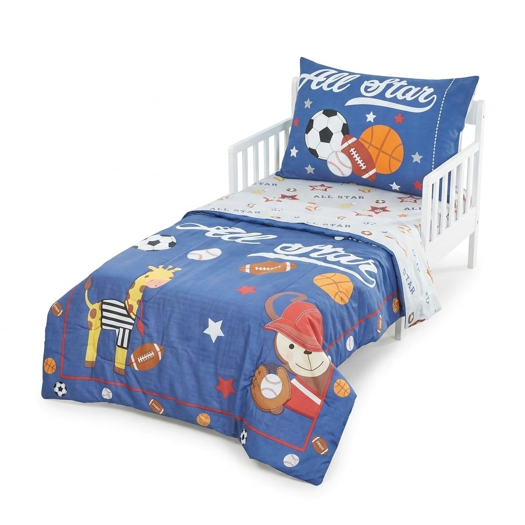 EVERYDAY KIDS 4 Piece Toddler Bedding Set - Jungle Sports - Soft 100% Cotton Percale - Includes Comforter, Flat Sheet, Fitted Sheet and Reversible Pillowcase