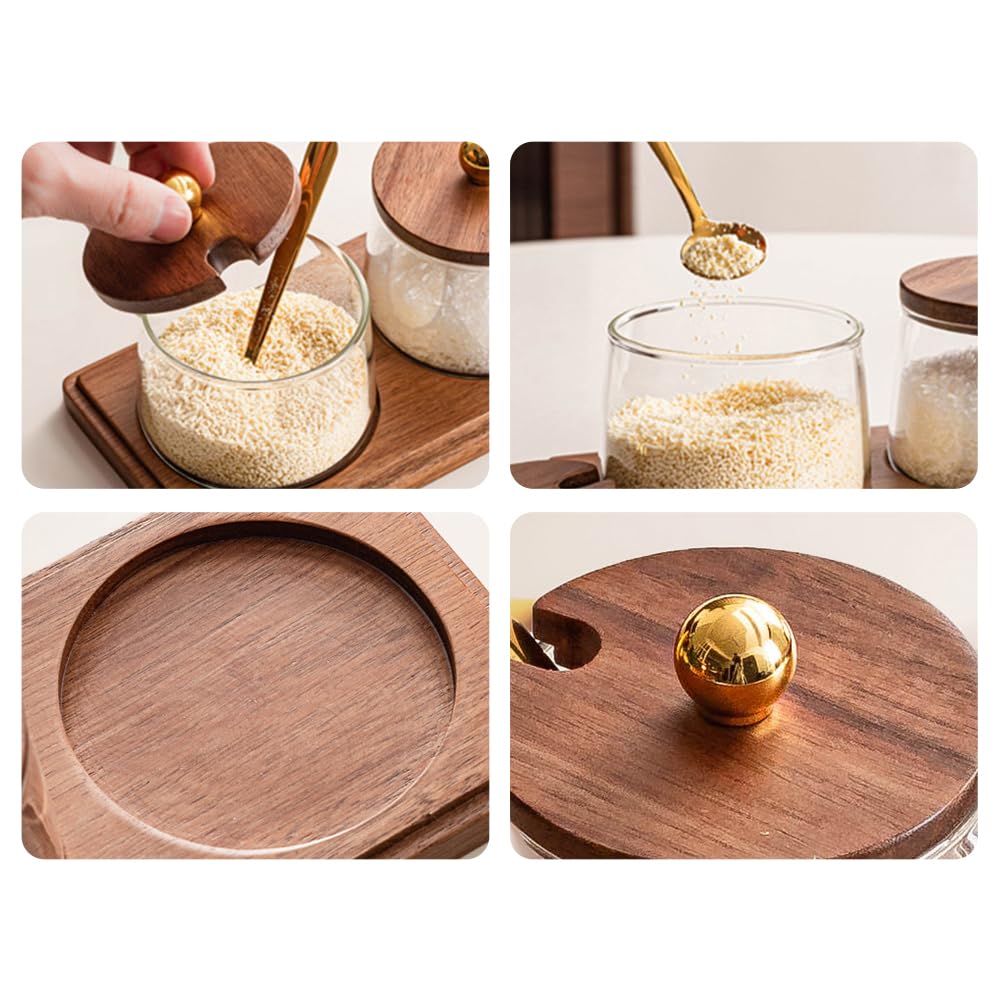 ANQIA Condiment Containers Set with Acacia Wood Lids and Tray Seasoning Box Condiment Pots Jars with Spoons for Spice Salt Sugar Cruet (Gold Top, 3 Jars with Tray)