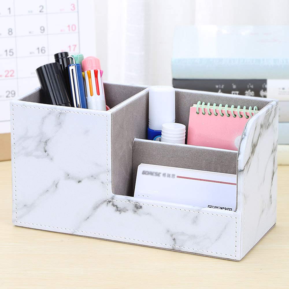 Leather Multi-Function Desk Stationery Organizer Storage Box Pen/Pencil, Cell Phone, Business Name Cards, desk organizers (White Marble)