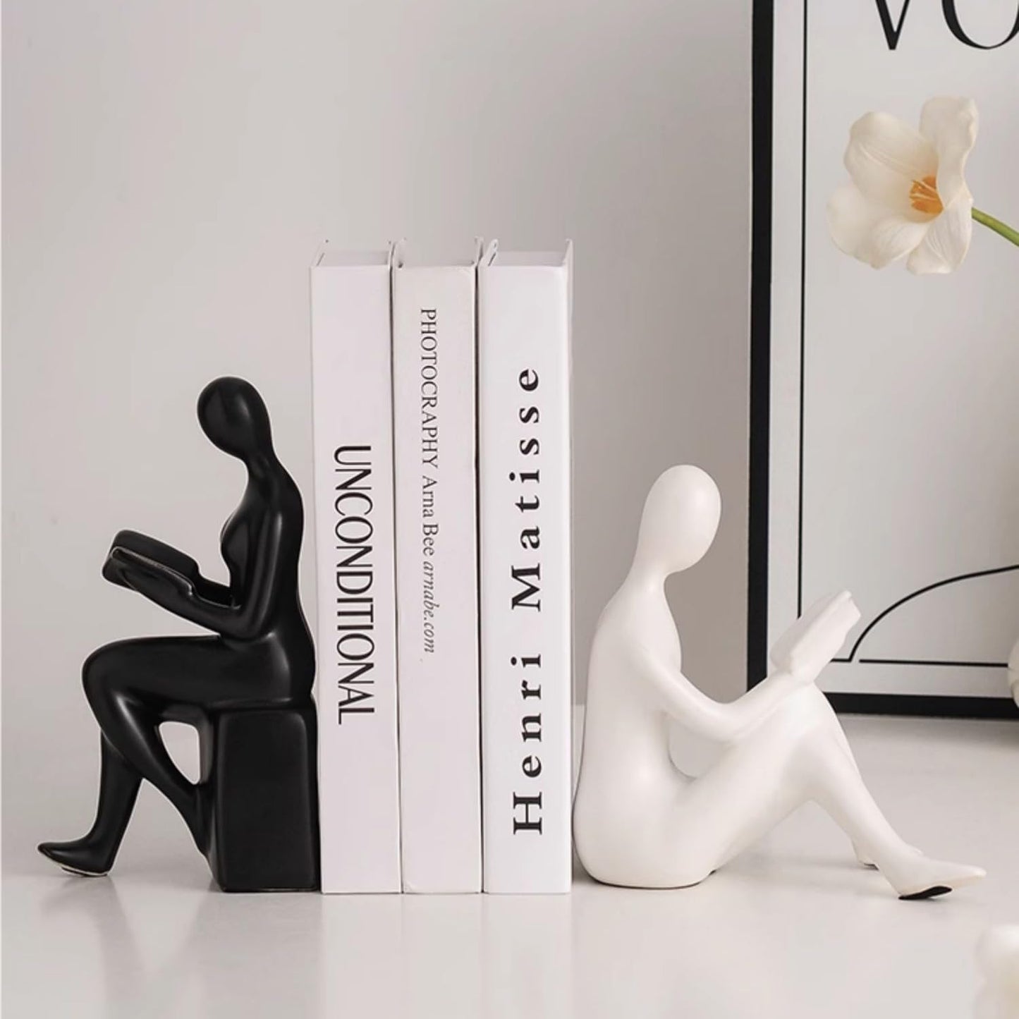 Modern Decorative Ceramic Reading Figure Bookends, Contemporary Minimalist Book Holders for Shelves, Office Home Library Decor (Black+ White)