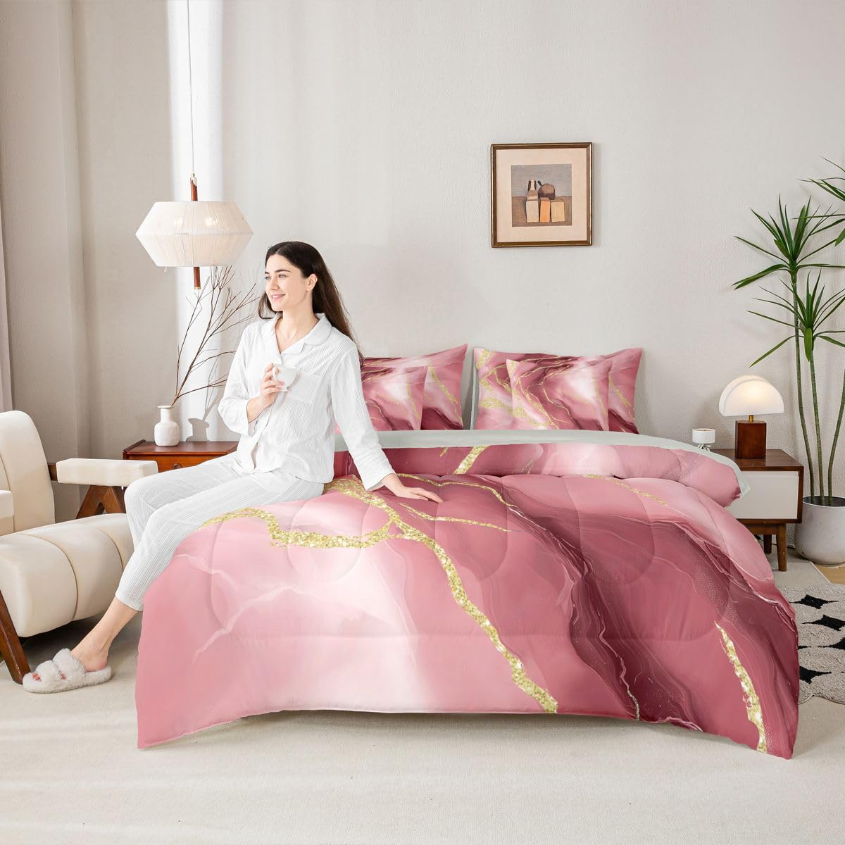 Erosebridal Burgundy Marble Bedding Set King Gradient Texture Marbling Comforter Set 7 Piece Modern Watercolor Aesthetics Bed in A Bag Gold Abstract Luxury Metallic Fluid Quilt with Flat Fitted Sheet