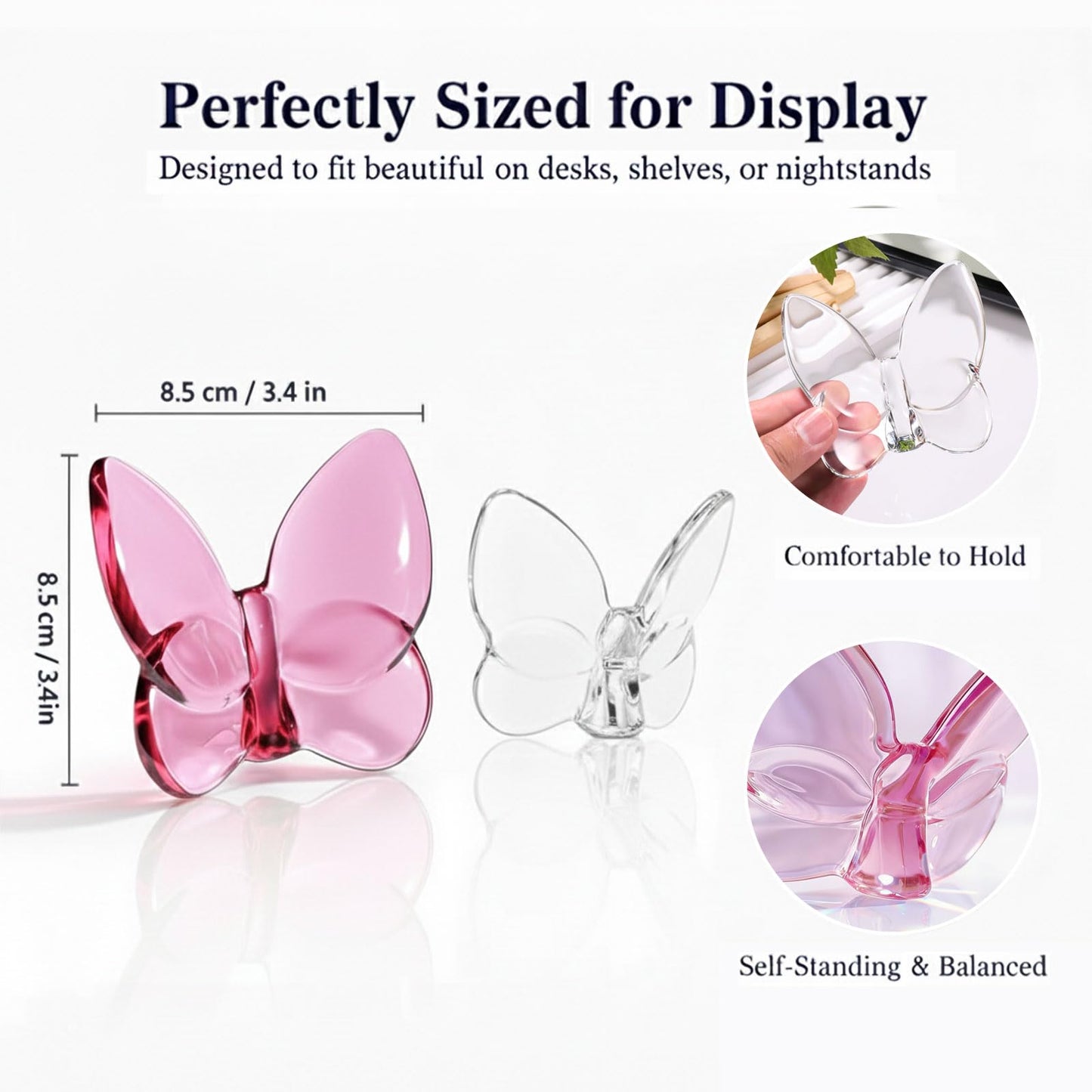 BJSYLTEK 2 Pack Crystal Butterfly Figurines, Glass Butterfly Figurines Decor for Home Office Desk, Handcrafted Crystal Animal Figurines, Butterfly Gifts for Women, (Pink + White)