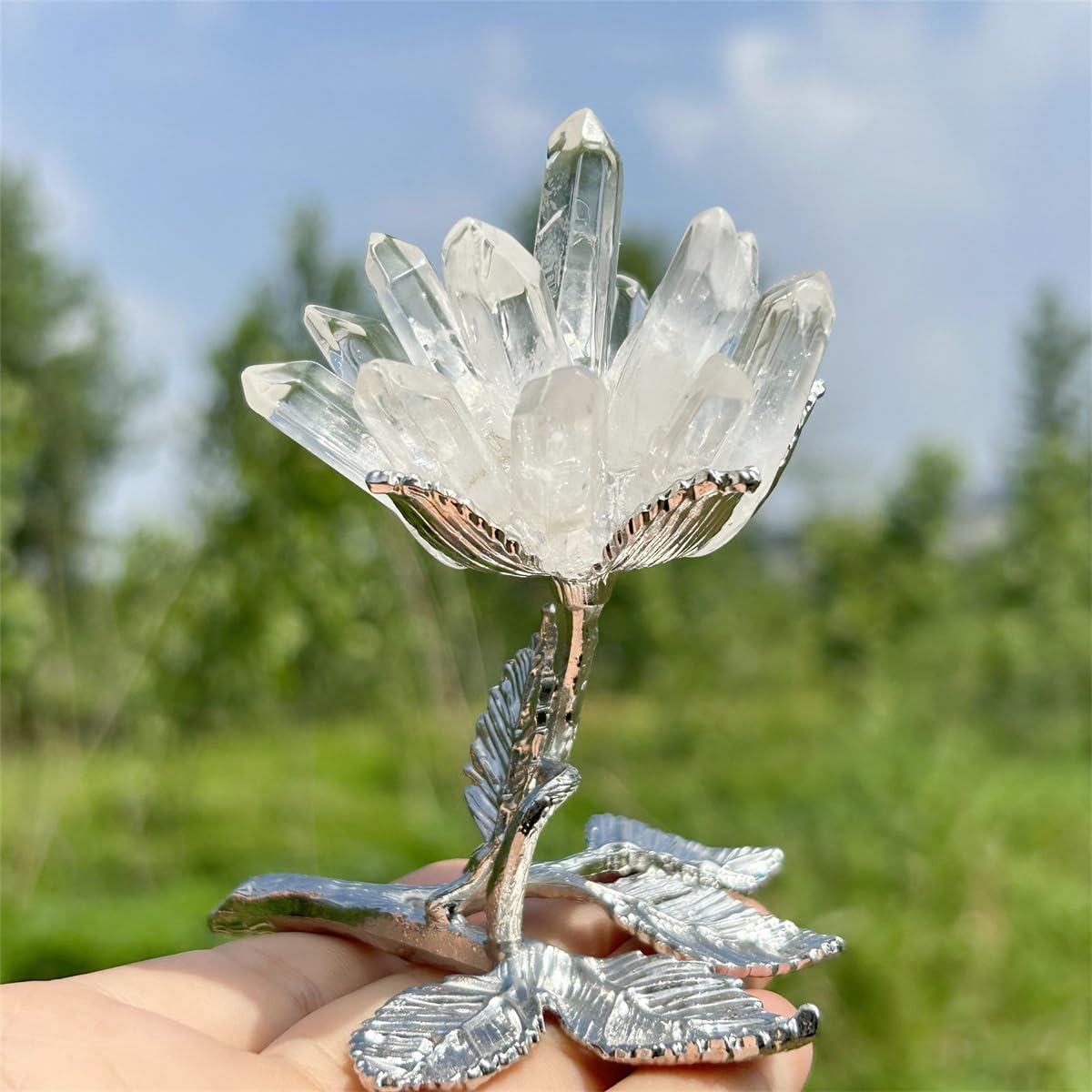 Xzyycyj 3.7" Crystal Tree,Crystal Gifts for Women - Natural Clear Quartz Crystal Cluster Mineral Crystal Flowers Home Decor Gifts Crystals and Stones (Crystal Quartz Silver Stand)