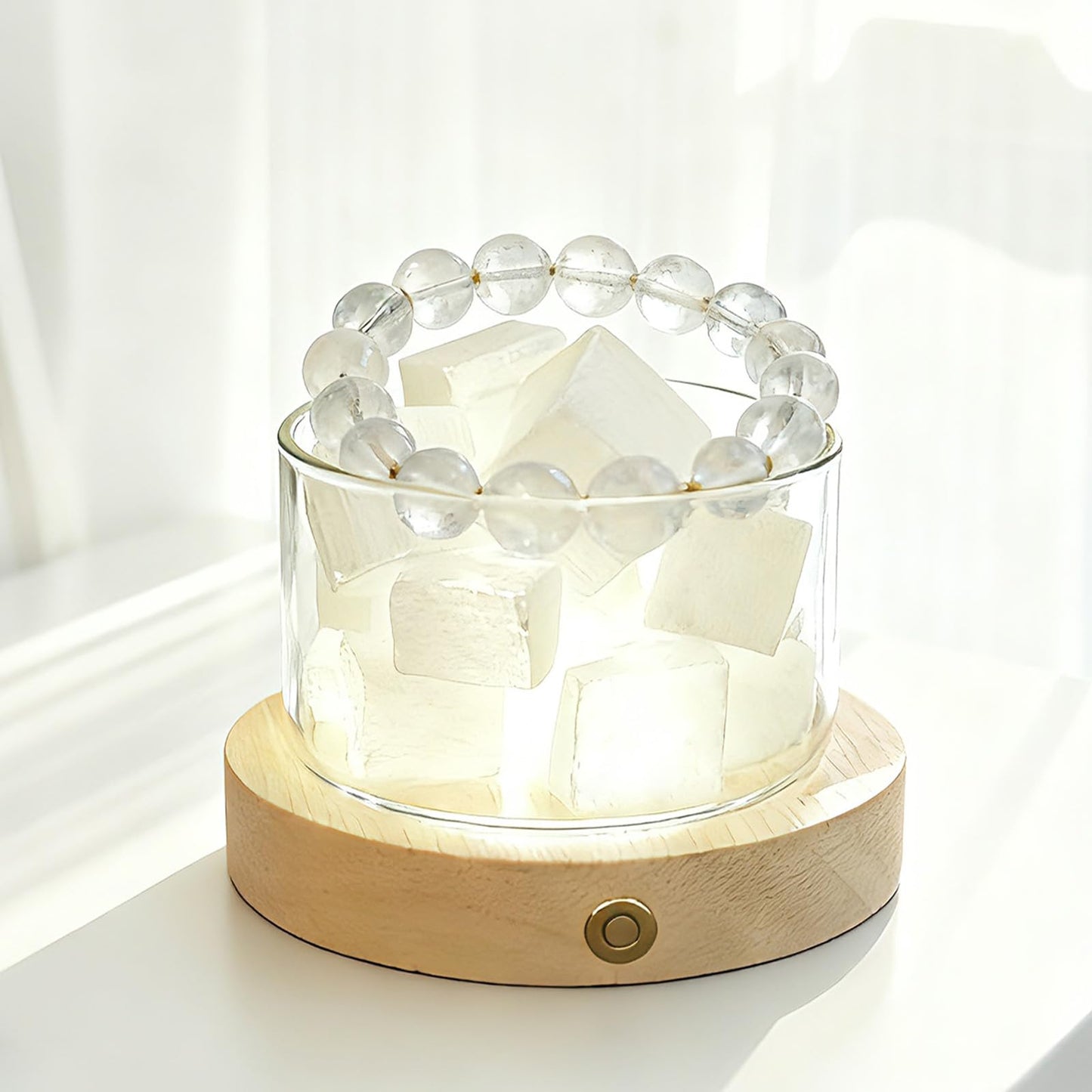 Lamptobe Selenite Crystal Lamp with Wooden Base Selenite Crystals Gift for Women Healing Birthday Meditation Yoga Spiritual Chakra Reiki Energy Cleansing Night Light Home Office Decor