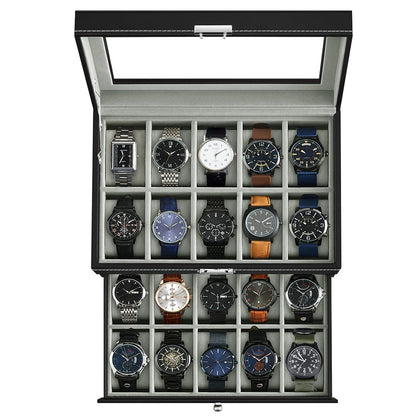 J&T Technology 20-Slot Watch Box for Men,2 Layers Watch Box Organizer,Watch Display Case with Glass Lid,Watch Holder Organizer with Removable Pillows,Gift for Loved Ones(20 Slot)