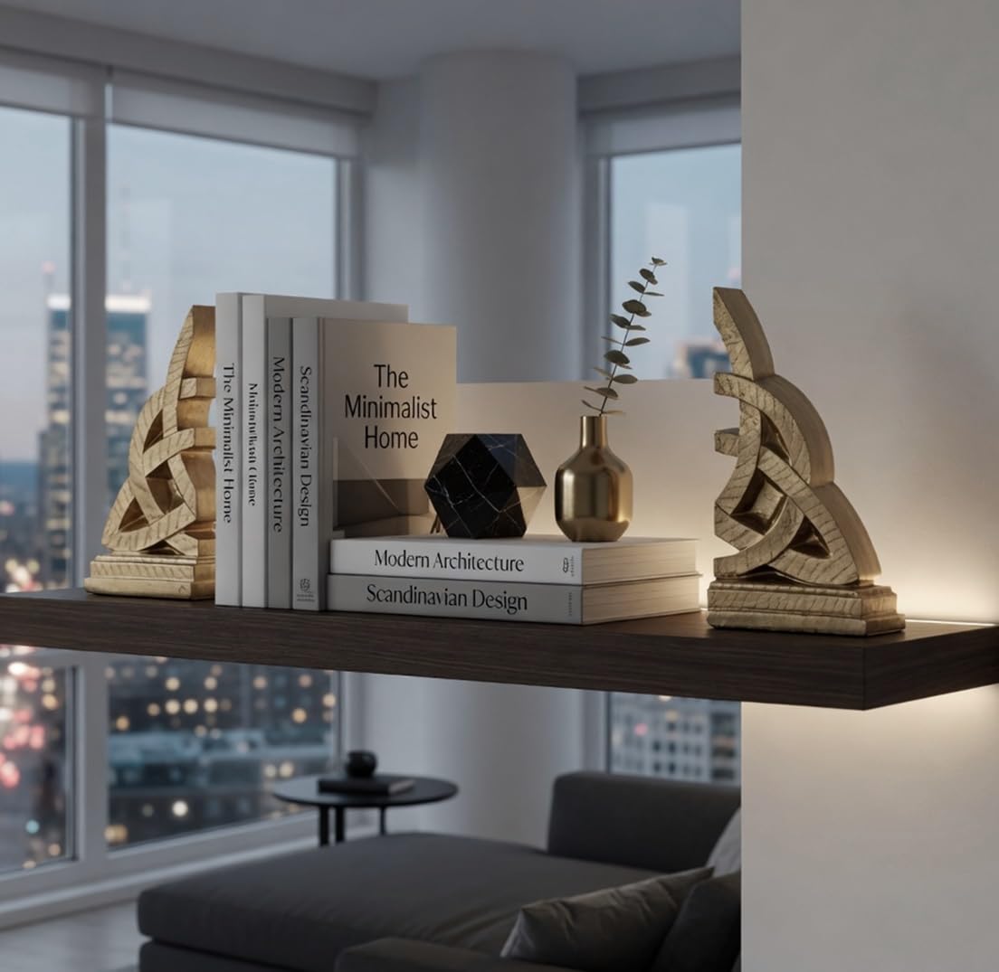 Bellaa 21787 Decorative Bookends Golden Celtic Knot Triquetra Irish Theme Mystical Design Endless Celts Symbol 8 Inch Polyresin