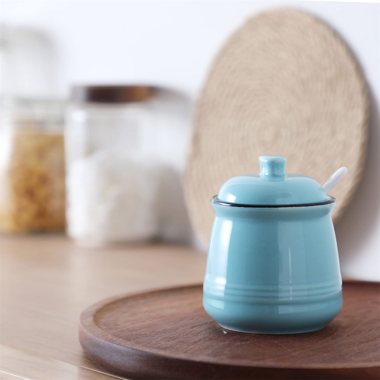 HAOTOP Porcelain Salt Bowl with Lid and Spoon,Ceramic Sugar Bowl 12oz (Turquoise)