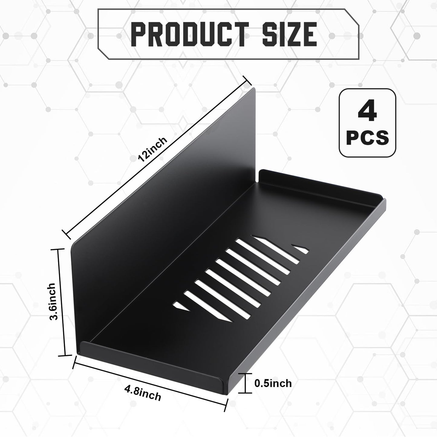 Therwen 4 Pack Magnetic Pegboard Shelves Wall Organizer Metal Pegboard Shelf Steel Tray Accessories Organizing Tools for Craft Home Kitchen(12 x 4.8 x 3.6 Inches,Black)