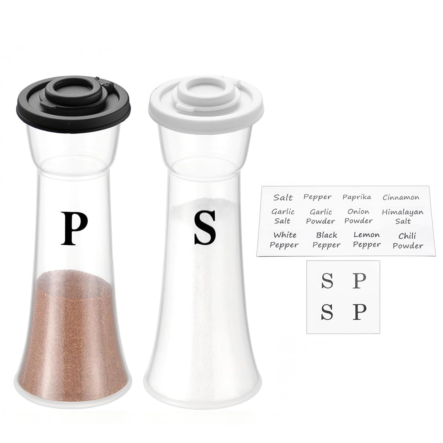 CEILUPY Salt and Pepper Shakers Set of 2, Large Clear Plastic Hourglass Shakers with 16 Pre-Printed Spice Labels, Moisture Proof Lids for Kitchen, Camping, Travel & Outdoor (Black & White)