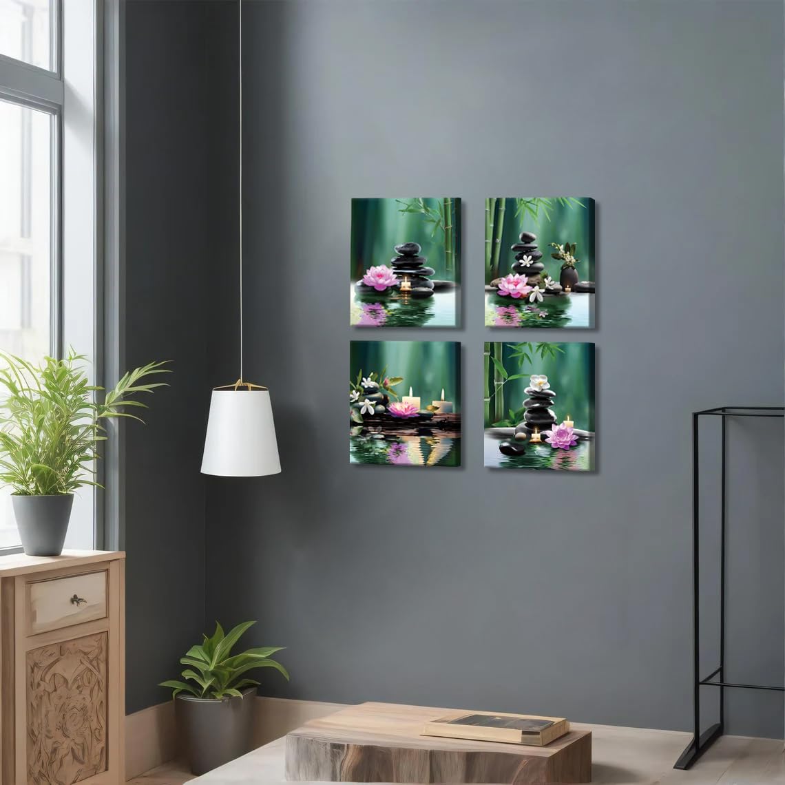 TANXM Set of 4 Zen Spa Canvas Wall Art, Meditation Stone Lotus Bamboo Water Print, Calming Yoga Room Decor for Bathroom Living Room, Ready to Hang 8 x 10 IN