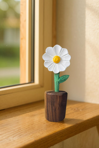 Wooden Daisy Figurine with Gift Box – Handcrafted Decorative Flower Statue, Cute Mini Ornament for Desk, Shelf & Home Decor, Perfect for Birthday, Mother's Day, Anniversary & Thank You Gifts
