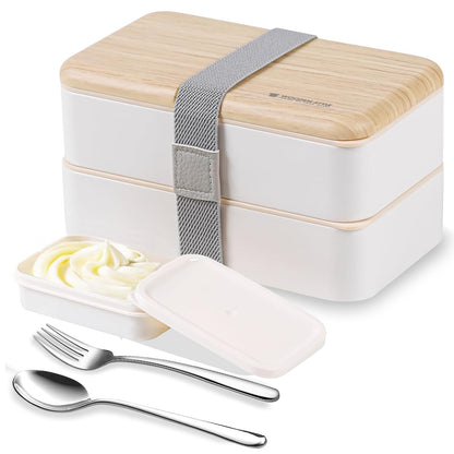 Binoster Original Bento Box Lunch Box Japanese Style 2 Layer Food Containers with Utensils Spoon and Fork Bundle Divider Salad Box for Men Women(White)