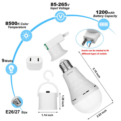 Ostwiki Rechargeable Light Bulbs,6 Pack Battery Operated Backup Emergency Light Bulb for Power Outage Camping Outdoor Hurricane 9W E27 8500K 1200mAh White Equivalent Self-Charging LED Light Bulbs