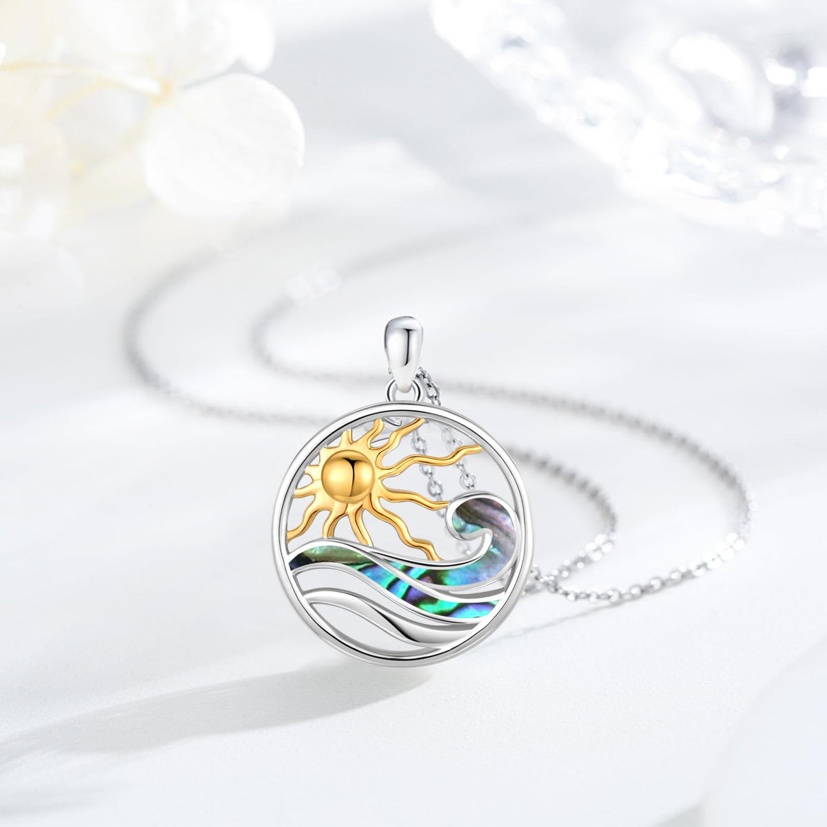 Midir&Etain Ocean Wave Necklace 925 Sterling Silver Abalone Shell Pendant Sun Necklace Ocean Surf Necklace Summer Hawaiian Beach Ocean Jewelry for Women