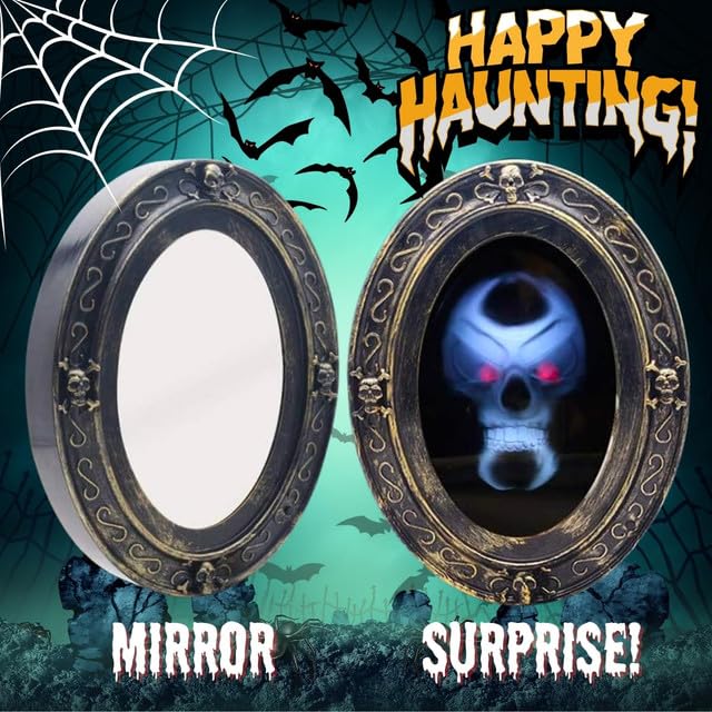 Scary Motion Activated Skull Haunted Mirror with Creepy Sound and Light, Horror Prop for Indoor Halloween Party Decorations