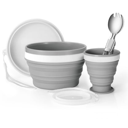 Odoland Camping Collapsible Silicone Cup and Bowl Set, Portable Mess Kit with Stainless Steel Spork and Lid for 1 Person Backpacking, Family Cookware, Hiking, Picnic, Travel