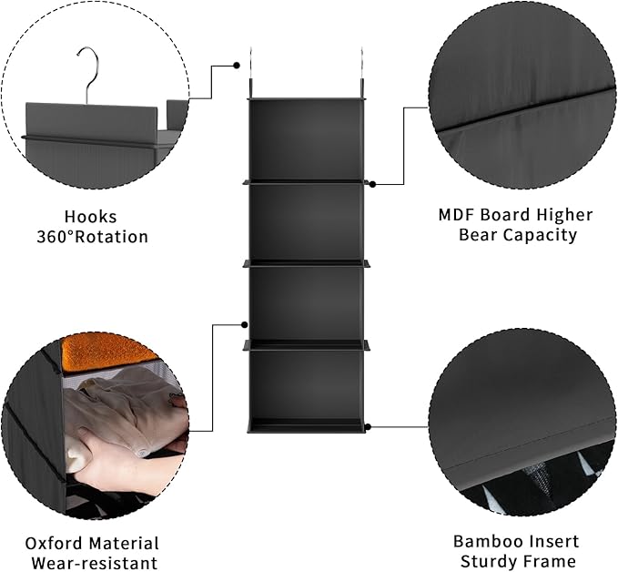 YOUDENOVA Hanging Closet Organizer, 4-Shelf Closet Hanging Shelves