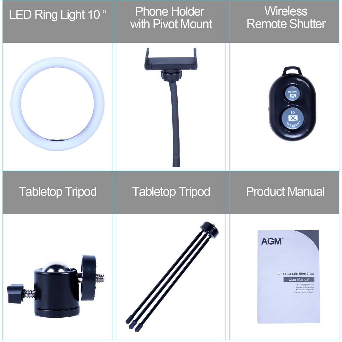 AGM 10” LED Ring Light with Tripod Stand & Phone Holder 3 Light Modes & 10 Brightness Level for Video/Photography/Live Streaming