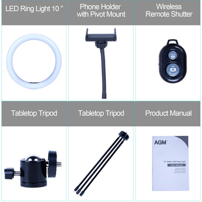 AGM 10” LED Ring Light with Tripod Stand & Phone Holder 3 Light Modes & 10 Brightness Level for Video/Photography/Live Streaming