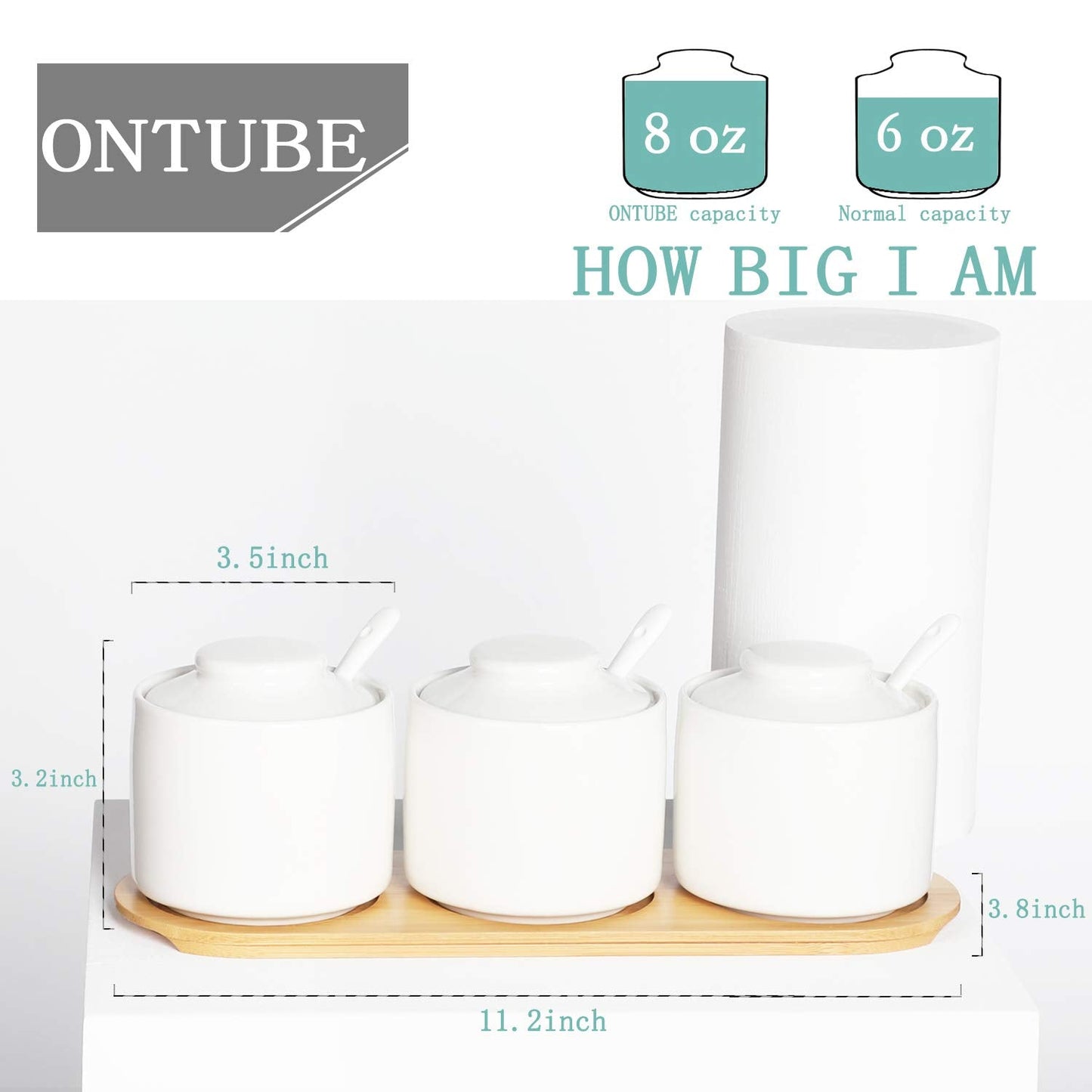 ONTUBE Ceramic Condiment Jar Set of 3 with Tray, Condiment Pot 8oz (White)