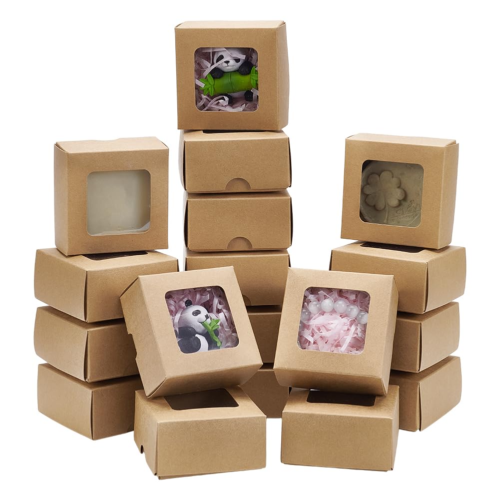 BENECREAT 20 PCS Brown Kraft Paper Box with Transparent Window, 3.15x3.15x1.57inch Square Kraft Paper Gift Box, For Wedding Party Gifts, Jewellery Packaging
