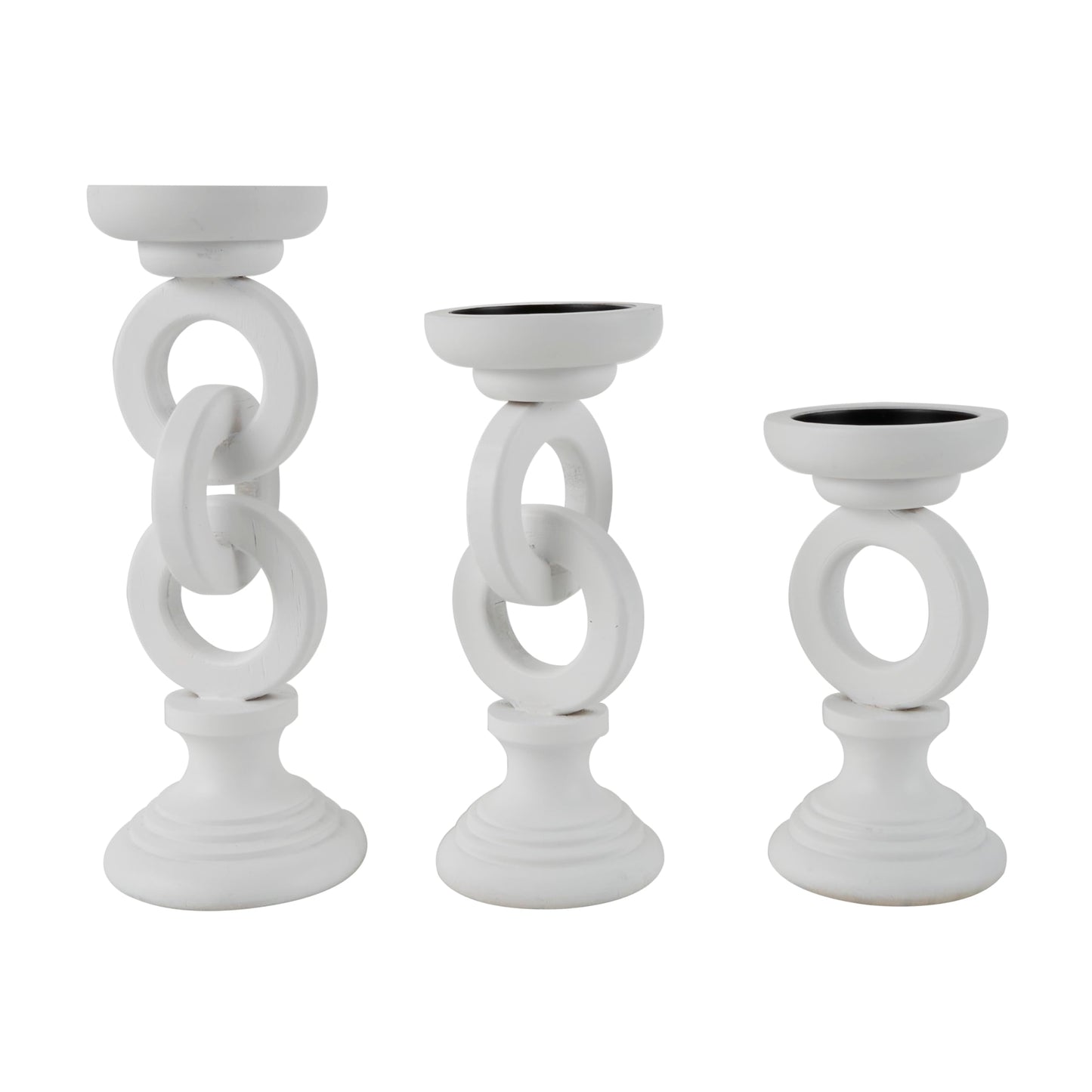 Deco 79 Wooden Decorative Candle Holder Chain Link Candle Stand, Set of 3 Candlestick Holder 13", 11", 9" H, White